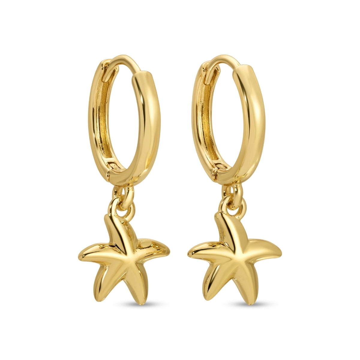 Gold hoop earrings with starfish charms on a white background