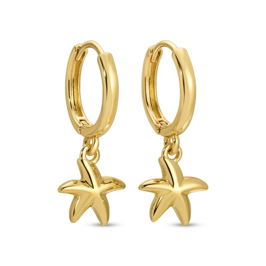 Gold hoop earrings with starfish charms on a white background