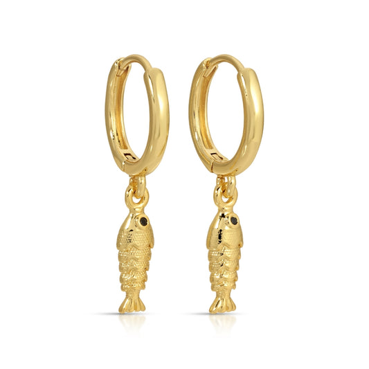 Gold hoop earrings with fish charms on a white background