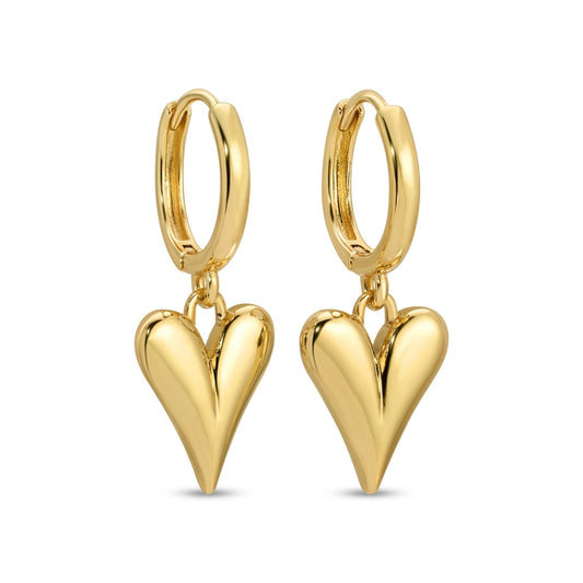 Gold heart-shaped hoop earrings on a white background