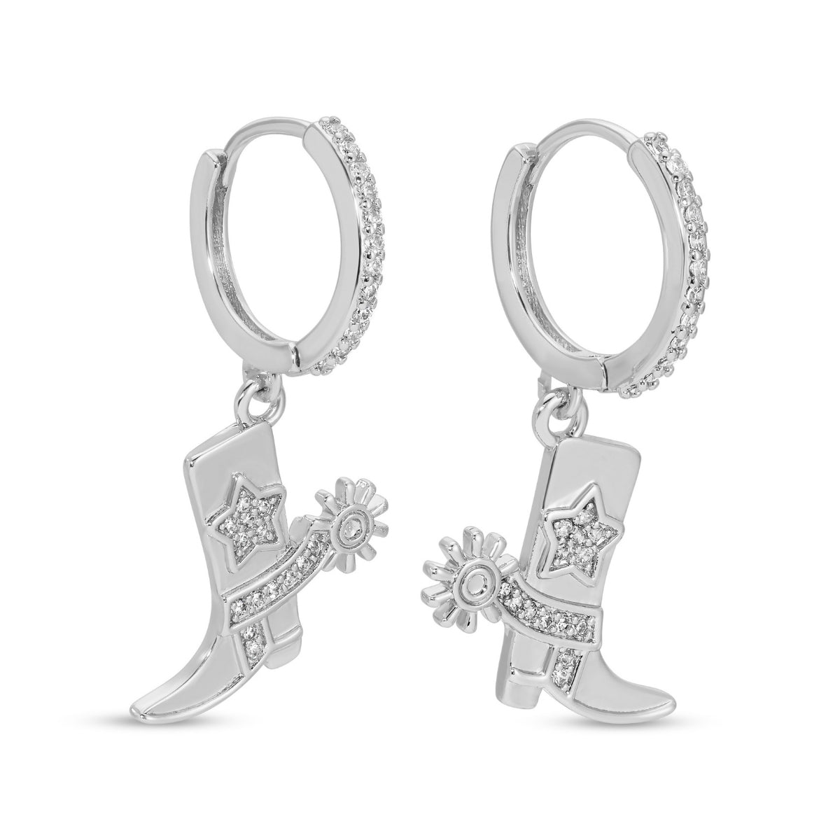 Silver hoop earrings with cowboy boot charms on a white background