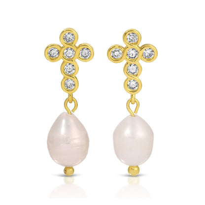 CZ Cross Pearl Drop Earrings