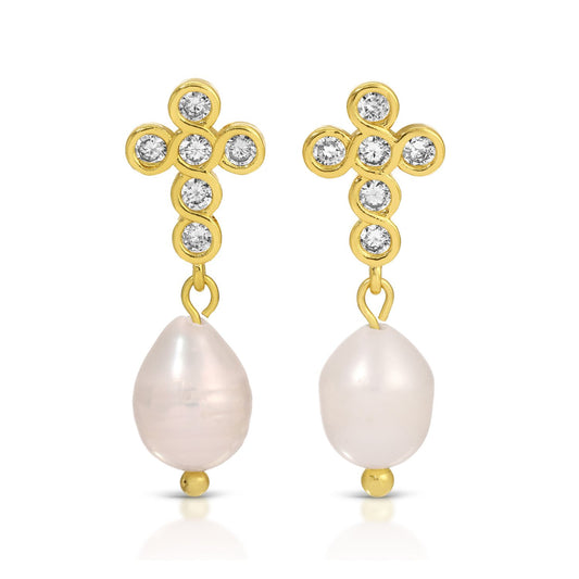 CZ Cross Pearl Drop Earrings