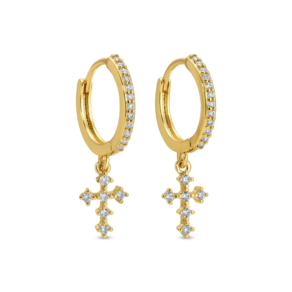 Gold hoop earrings with cross charms on a white background
