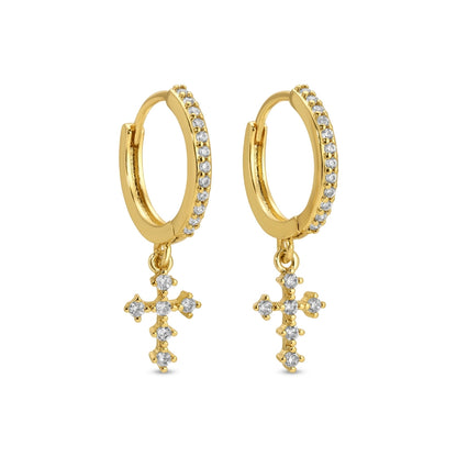 Gold hoop earrings with cross charms on a white background