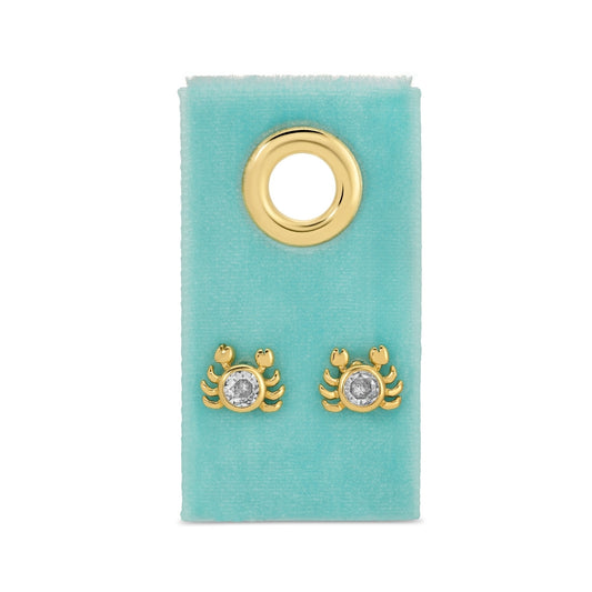 Gold crab-shaped earrings on a turquoise card with a gold ring.