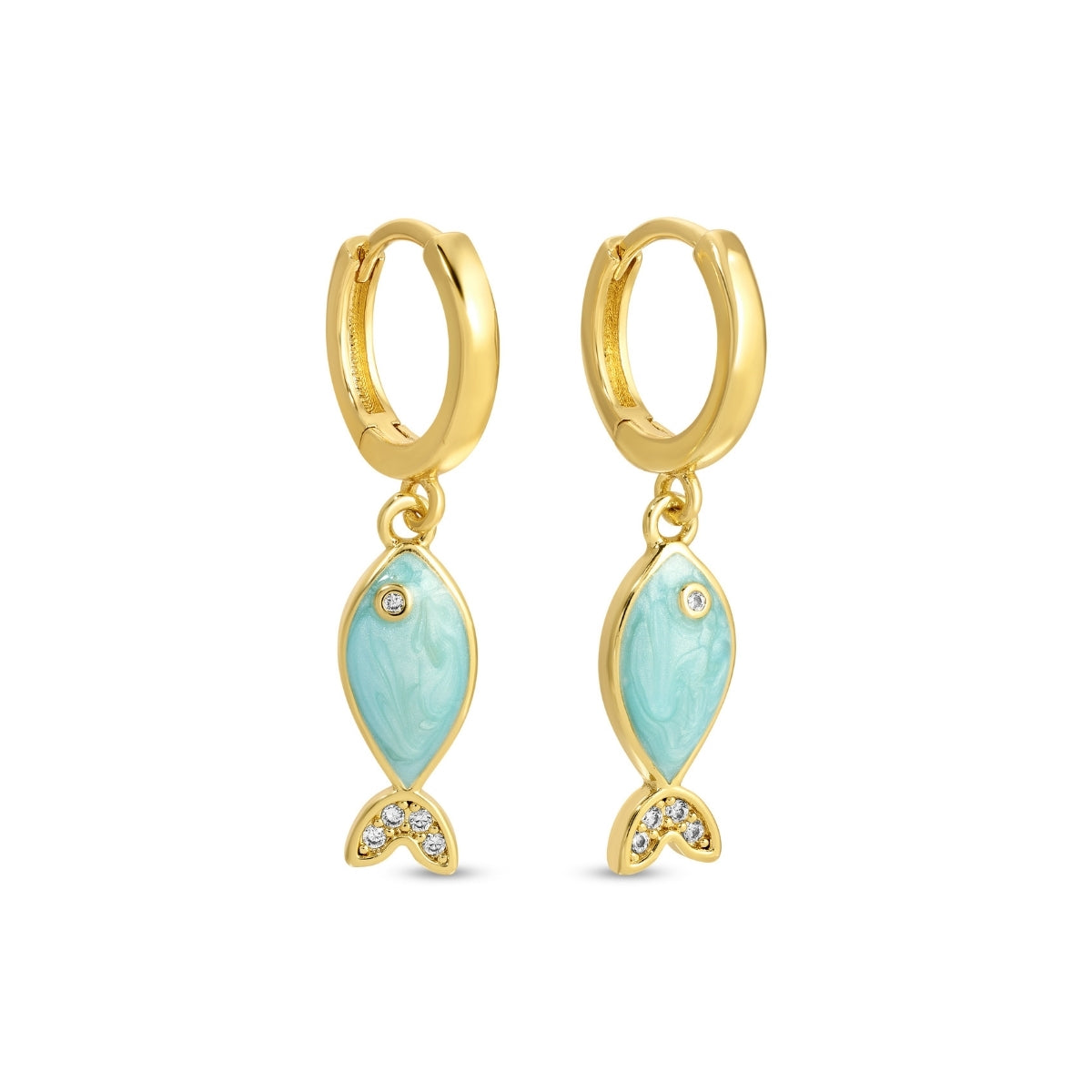Gold hoop earrings with turquoise gemstones on a white background