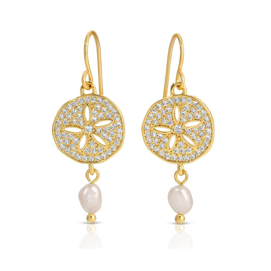 Gold earrings with diamond-studded circular designs and pearl drops on a white background