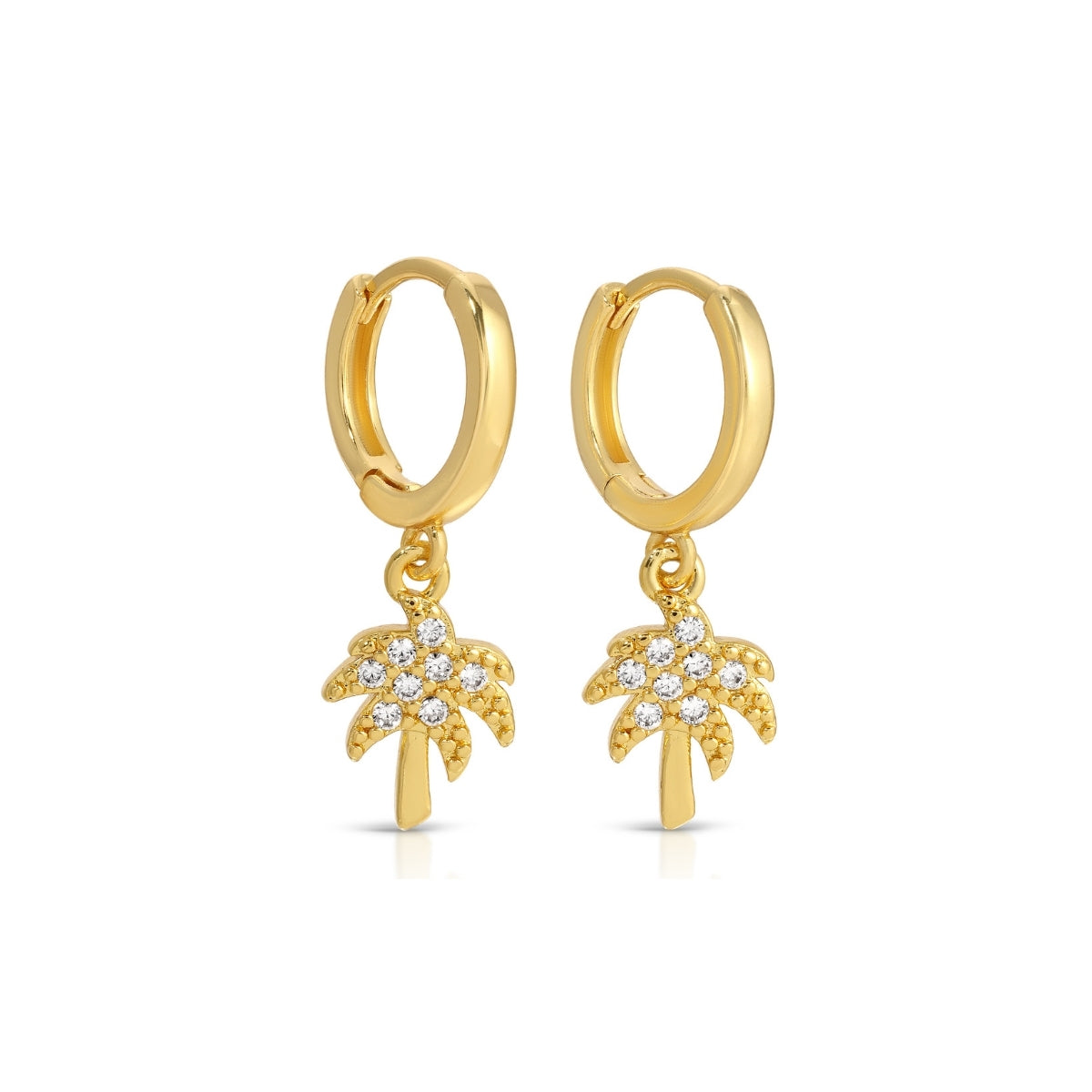 Gold hoop earrings with palm tree designs on a white background