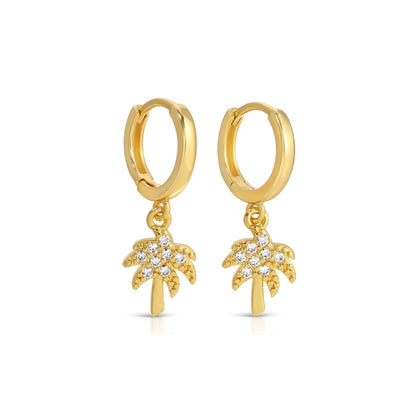 Gold hoop earrings with palm tree designs on a white background