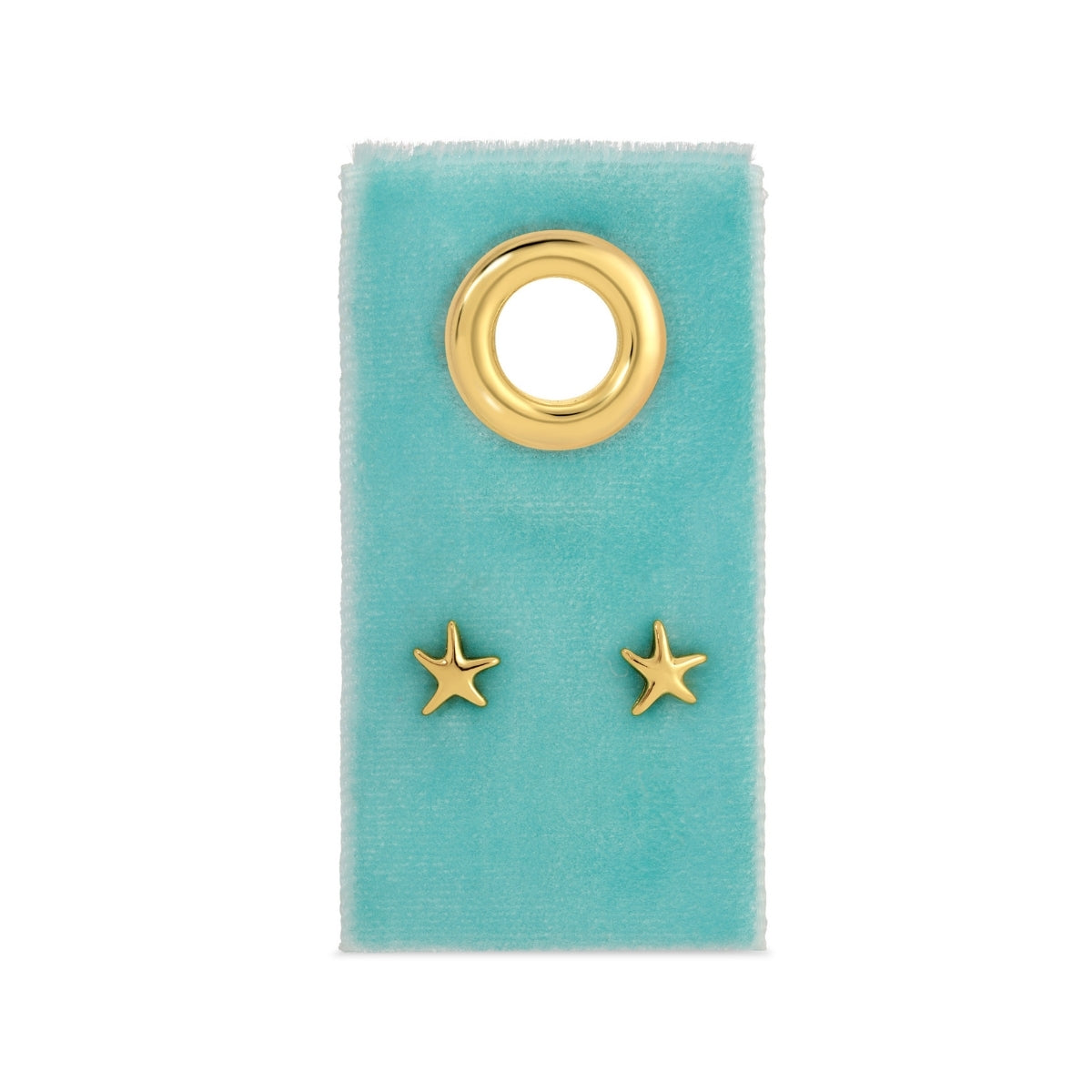 Gold star-shaped earrings on a turquoise card with a gold circular design.