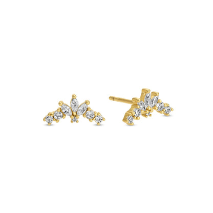 Gold butterfly-shaped earrings on a white background