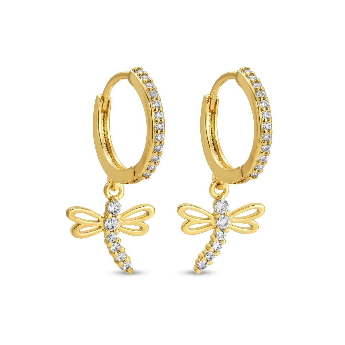 Gold hoop earrings with dragonfly charms on a white background