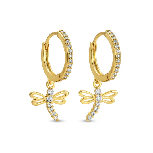 Gold hoop earrings with dragonfly charms on a white background