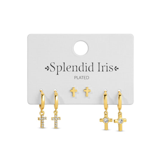 Gold cross earrings on a 'Splendid Iris' branded card
