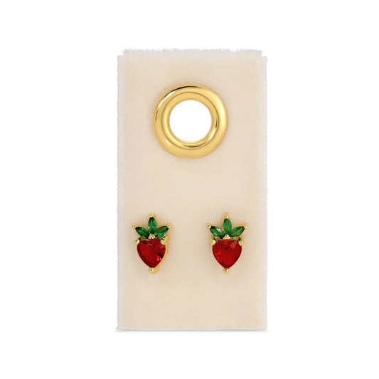 Pair of strawberry-shaped earrings on a display card with a gold hoop.