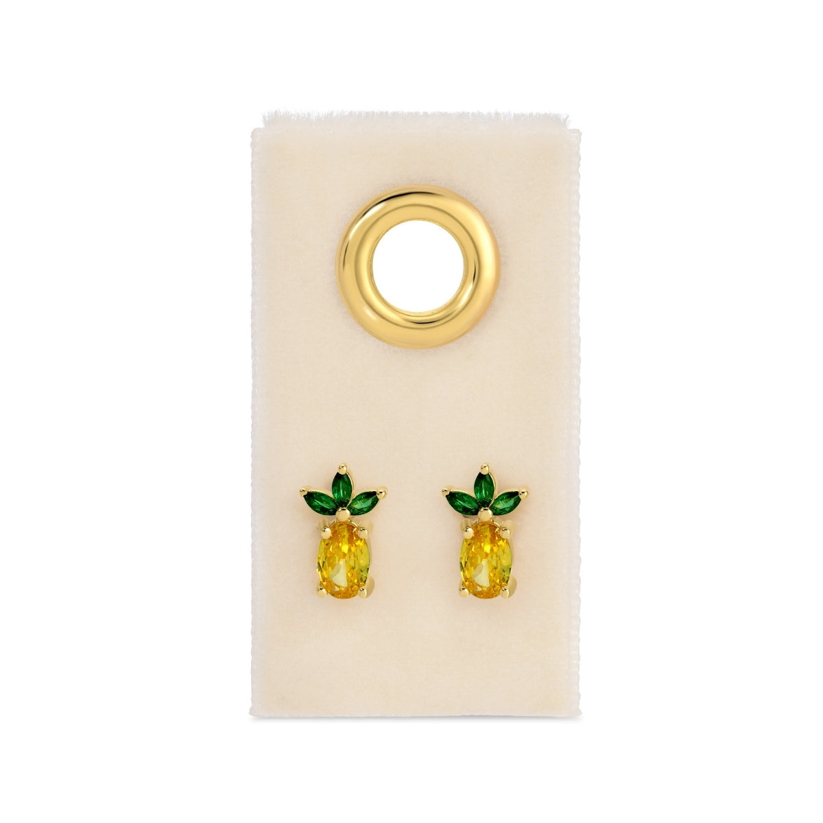 Pineapple-shaped earrings on a beige card with a gold hoop.