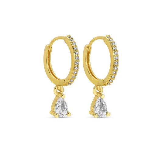 Gold hoop earrings with teardrop-shaped gemstones on a white background
