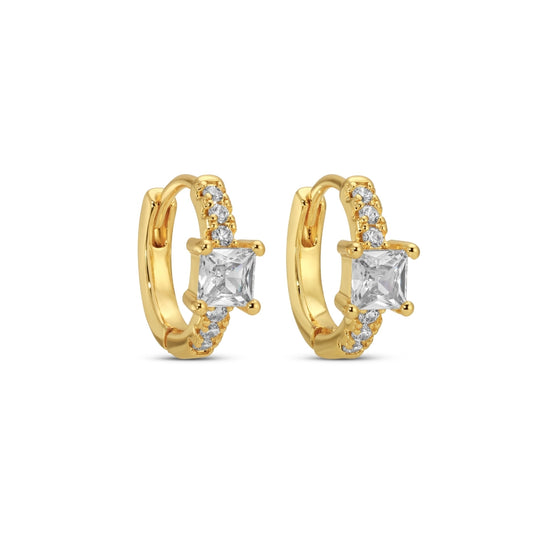 Gold hoop earrings with square-cut gemstones on a white background