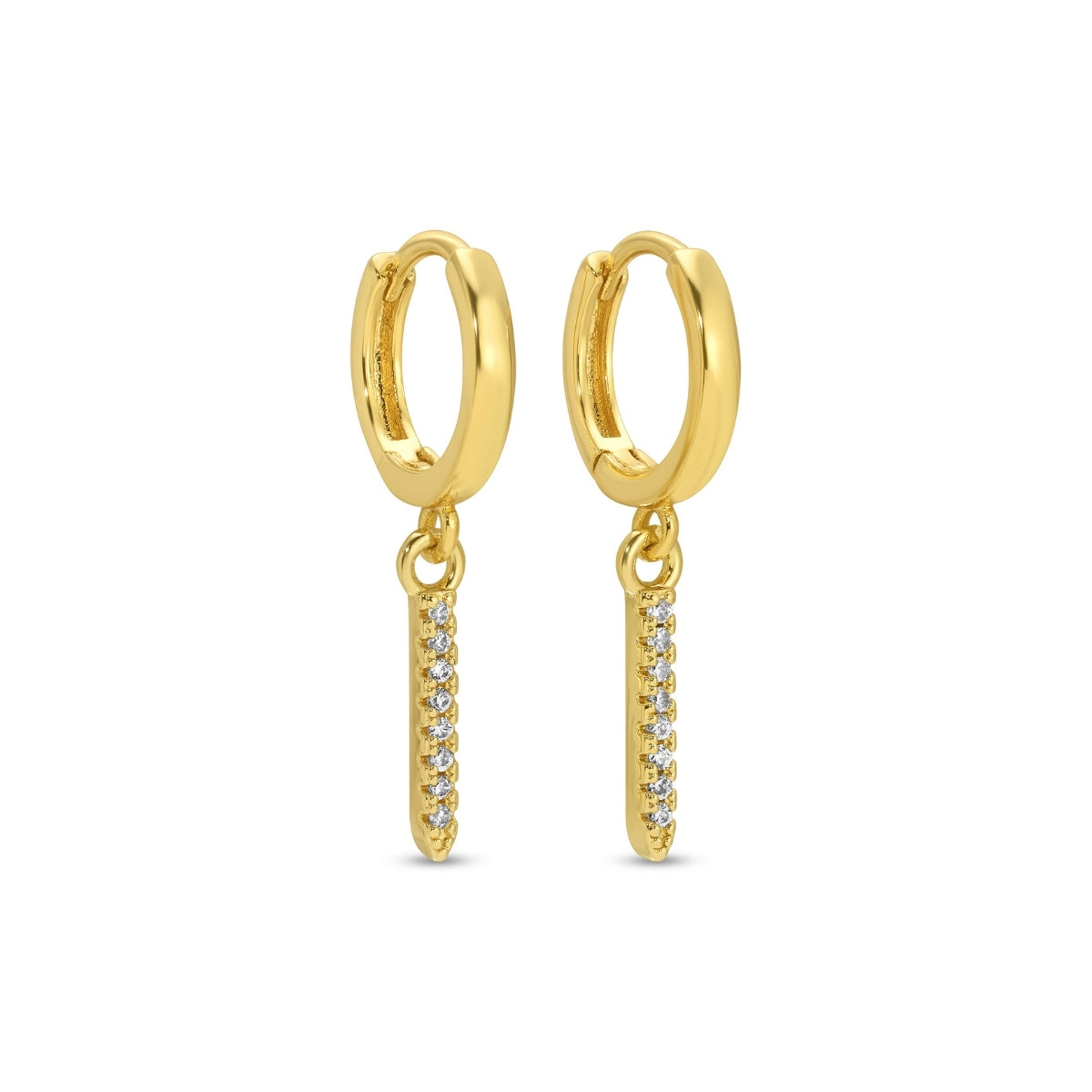 Gold hoop earrings with small dangling bars on a white background