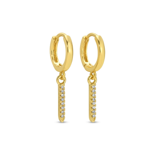 Gold hoop earrings with small dangling bars on a white background