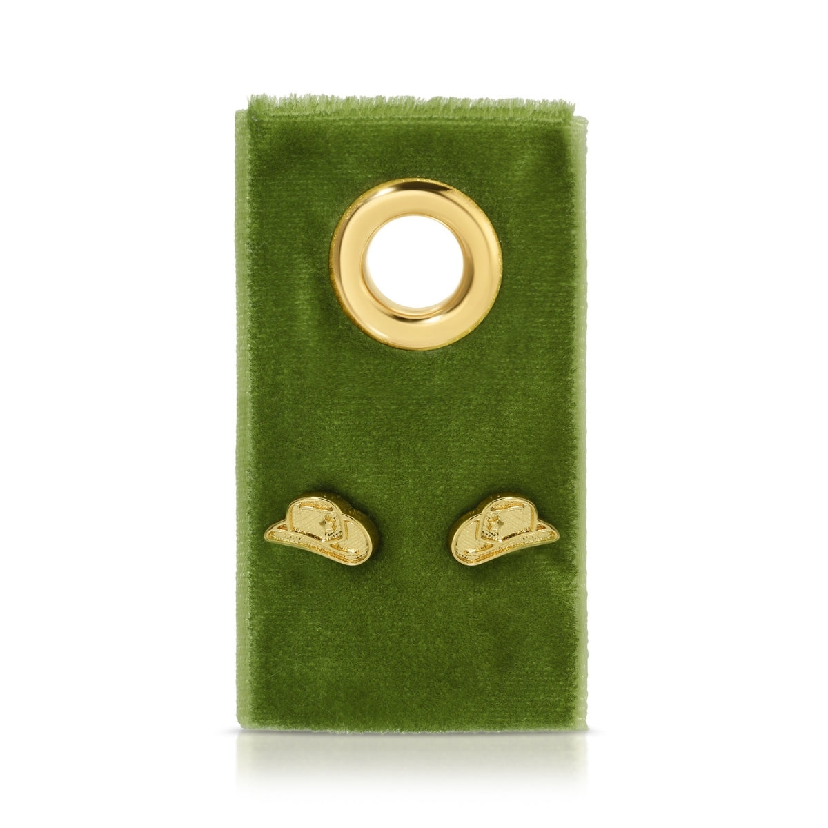 Gold cap-shaped earrings on a green velvet card with a gold ring
