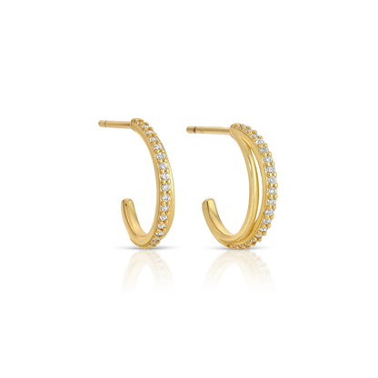 Gold hoop earrings with embedded stones on a white background