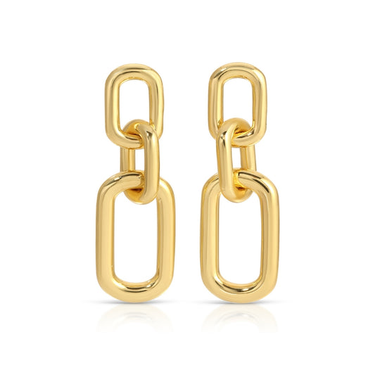 Gold chain-style earrings on a white background