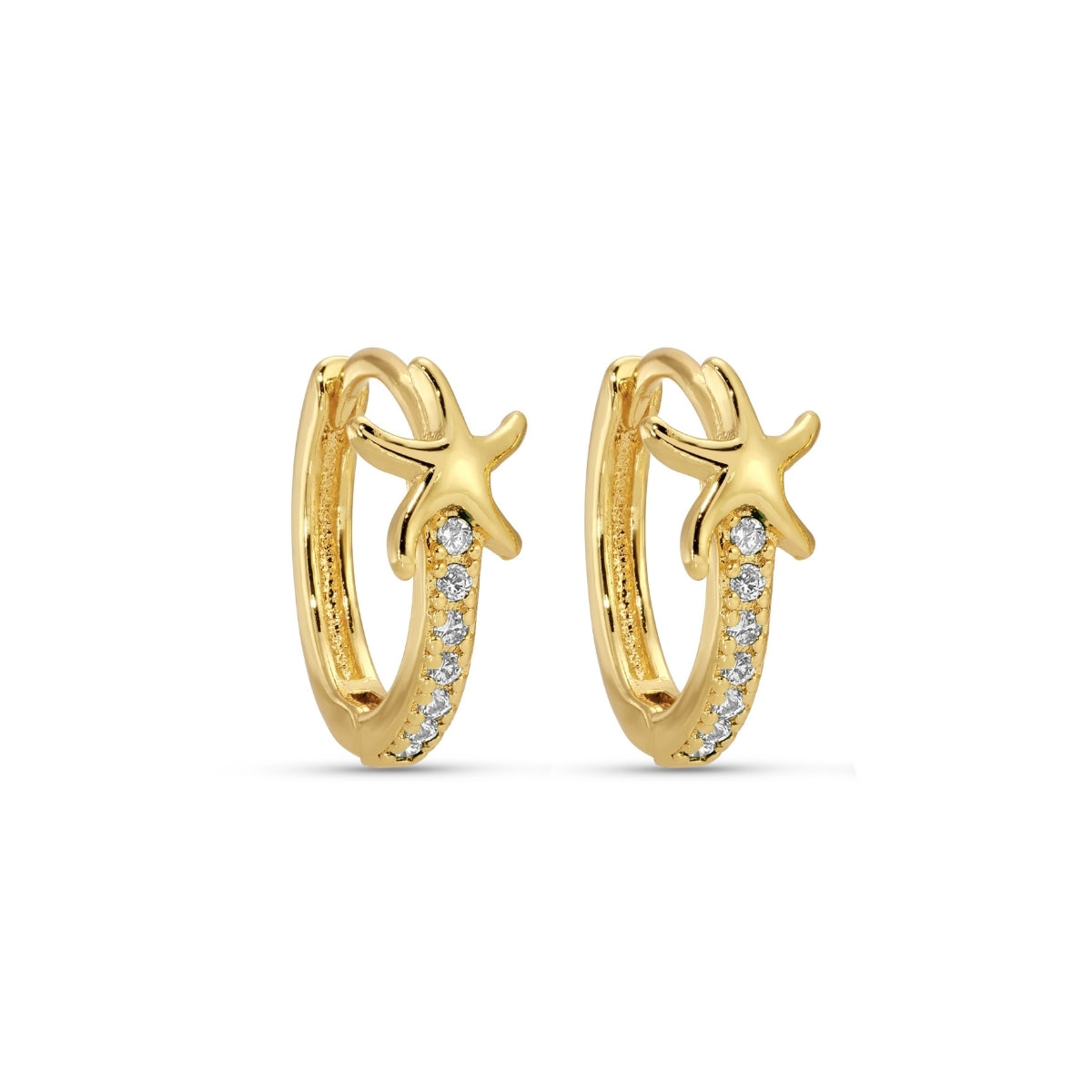 Gold hoop earrings with star designs and small stones on a white background