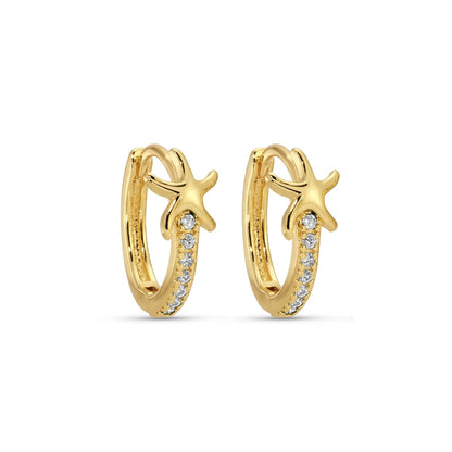 Gold hoop earrings with star designs and small stones on a white background