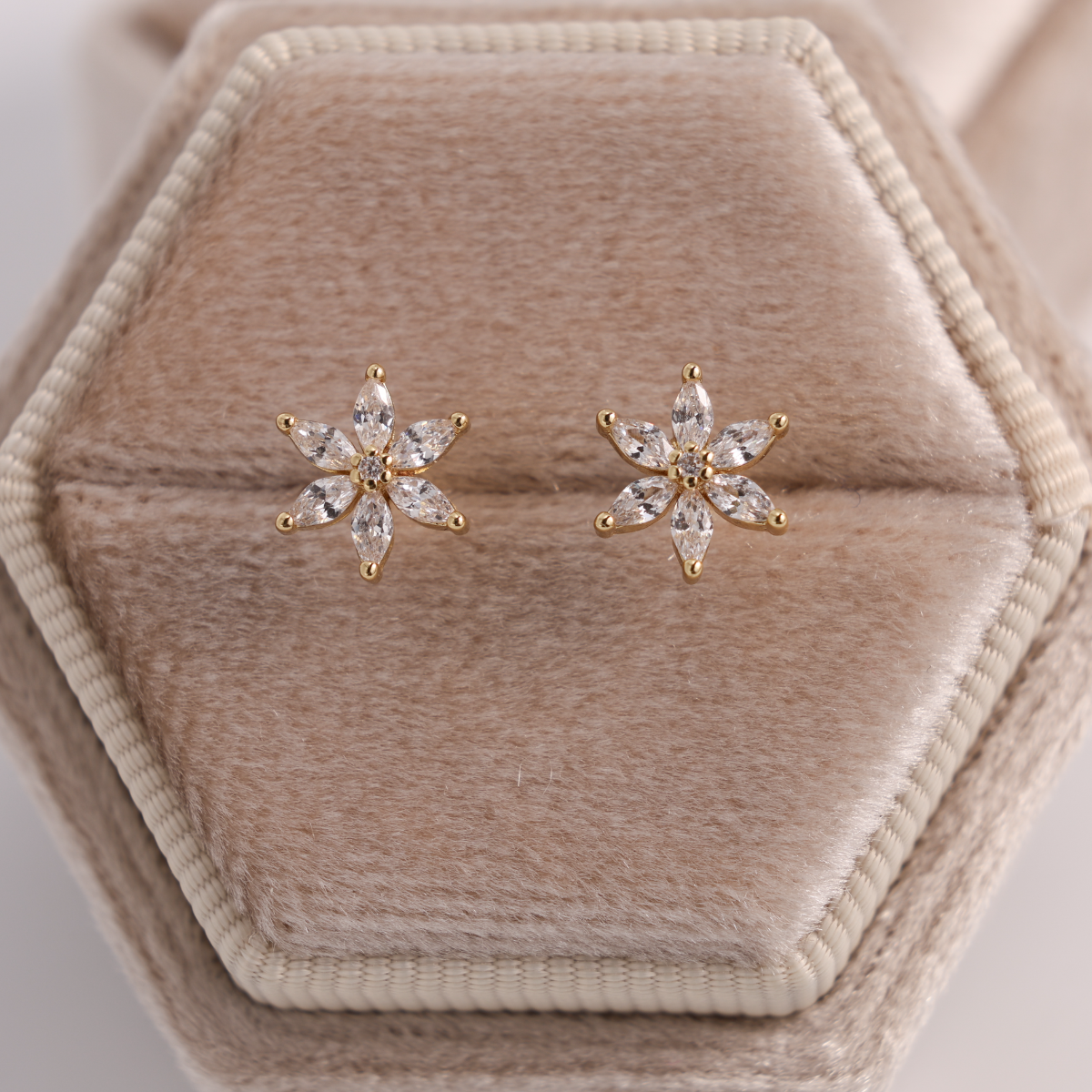 Marquise Cubic Zirconia Flower Studs on Velvet Tag