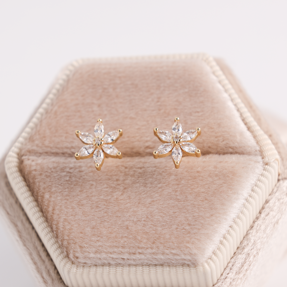 Marquise Cubic Zirconia Flower Studs on Velvet Tag