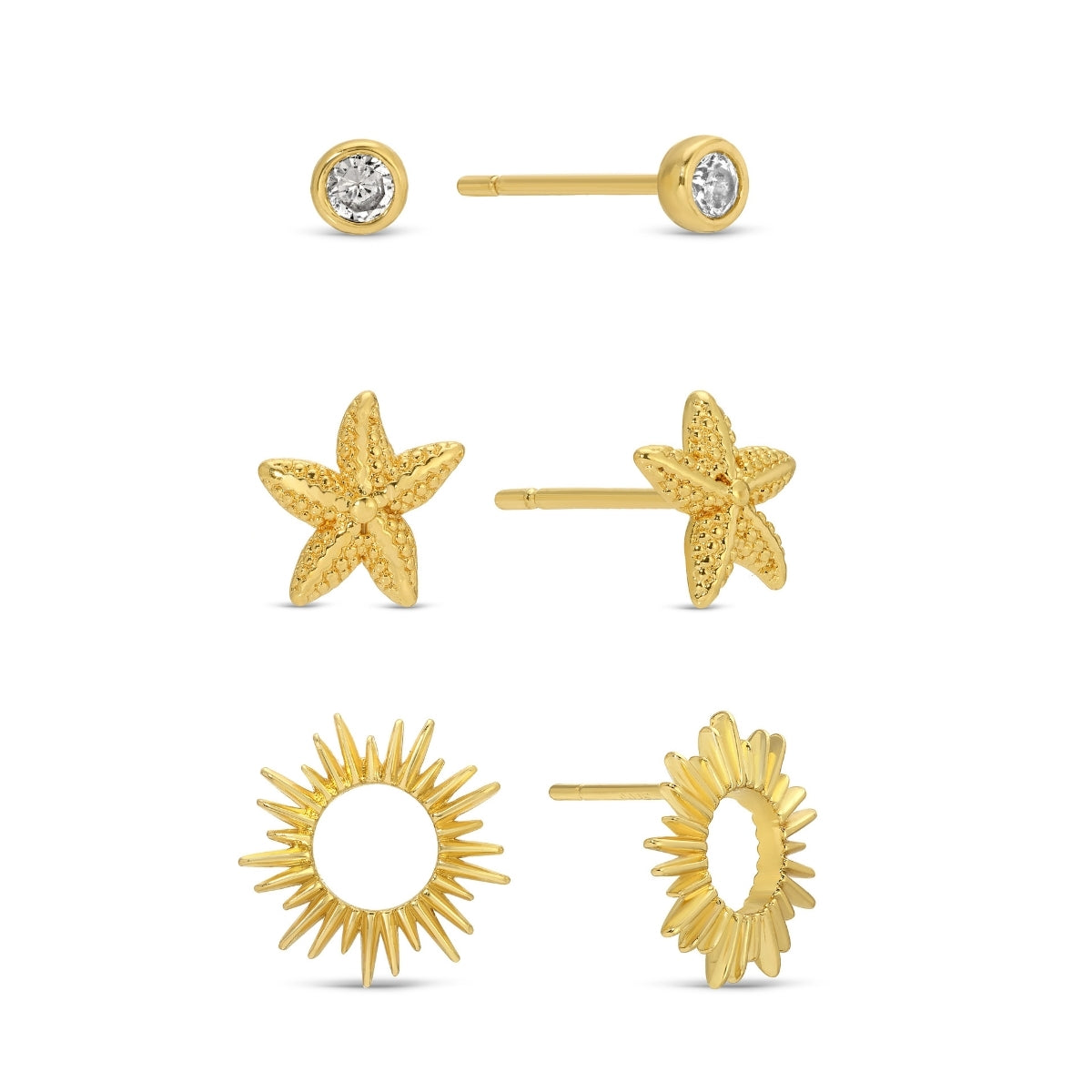 The Sun & Sea Trio | Starfish, Sunburst, and CZ Stud Set