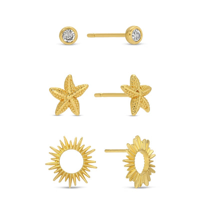 The Sun & Sea Trio | Starfish, Sunburst, and CZ Stud Set