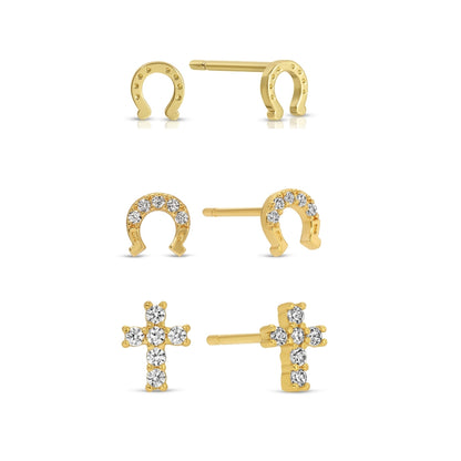Iconic Elements Trio - Horseshoe & Cross Studs on Velvet Tag