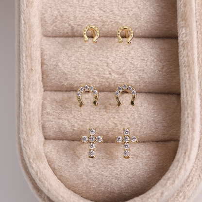 Iconic Elements Trio - Horseshoe & Cross Studs on Velvet Tag