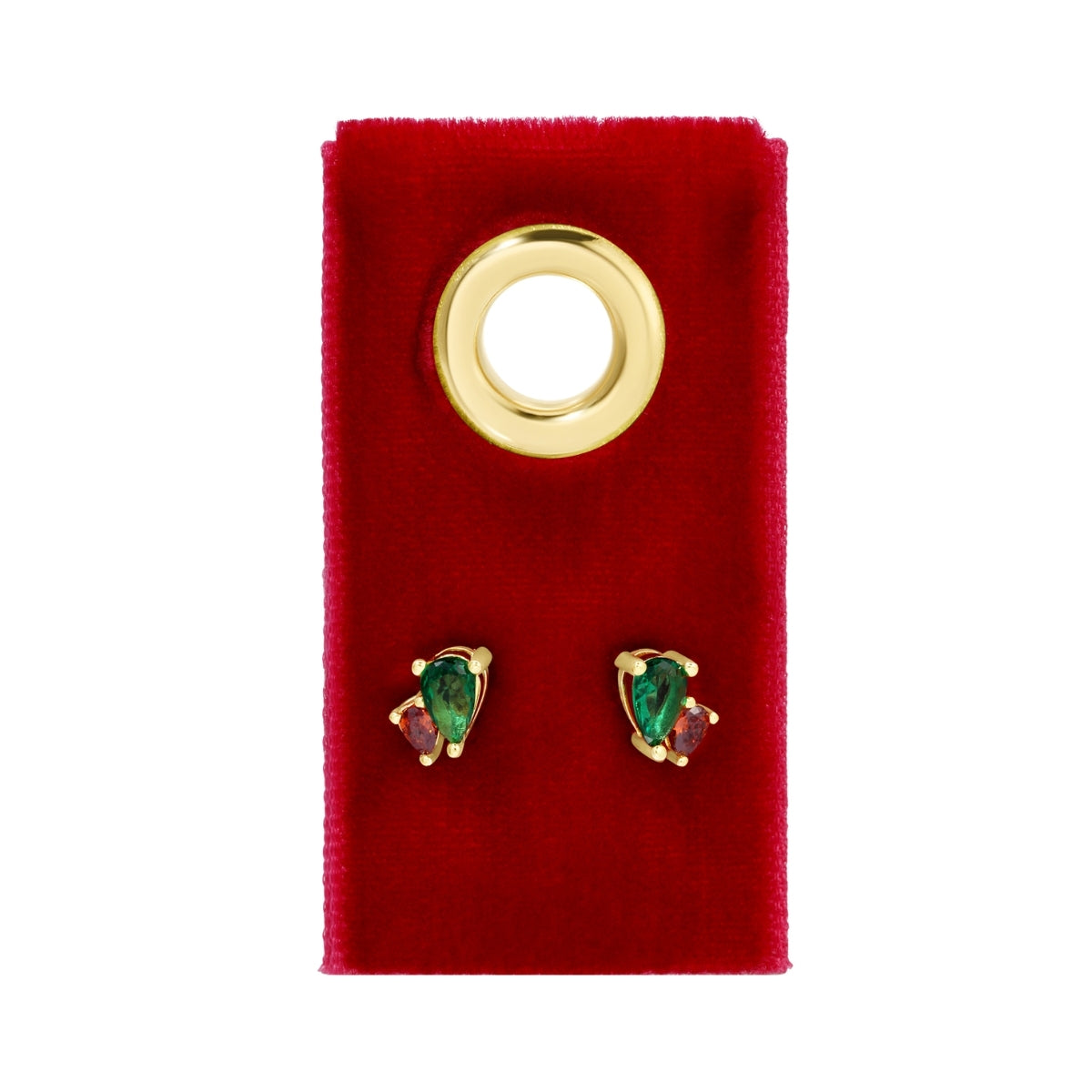 Red & Green Pear-Shaped CZ Studs on Velvet Tag