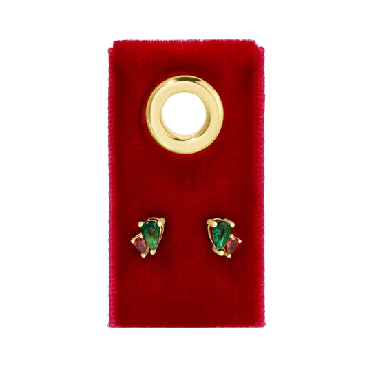 Red & Green Pear-Shaped CZ Studs on Velvet Tag