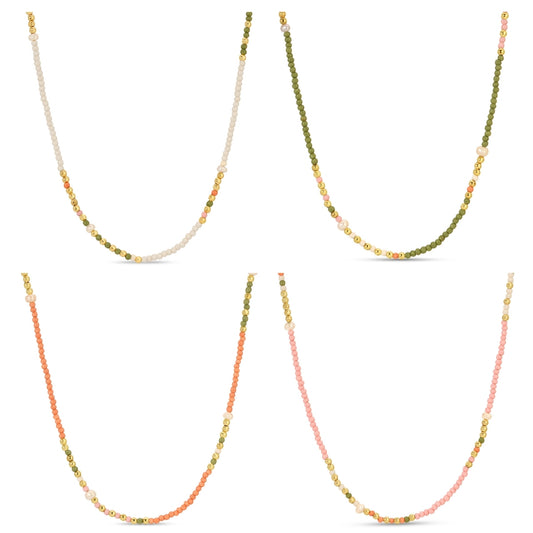 Set of four beaded necklaces with gradient colors on a white background