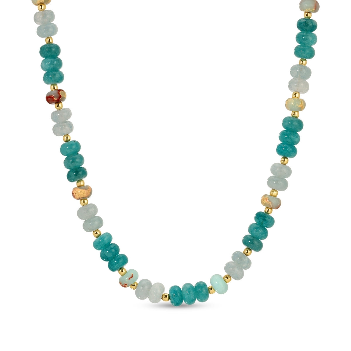 Necklace with turquoise, white, and gold beads on a white background