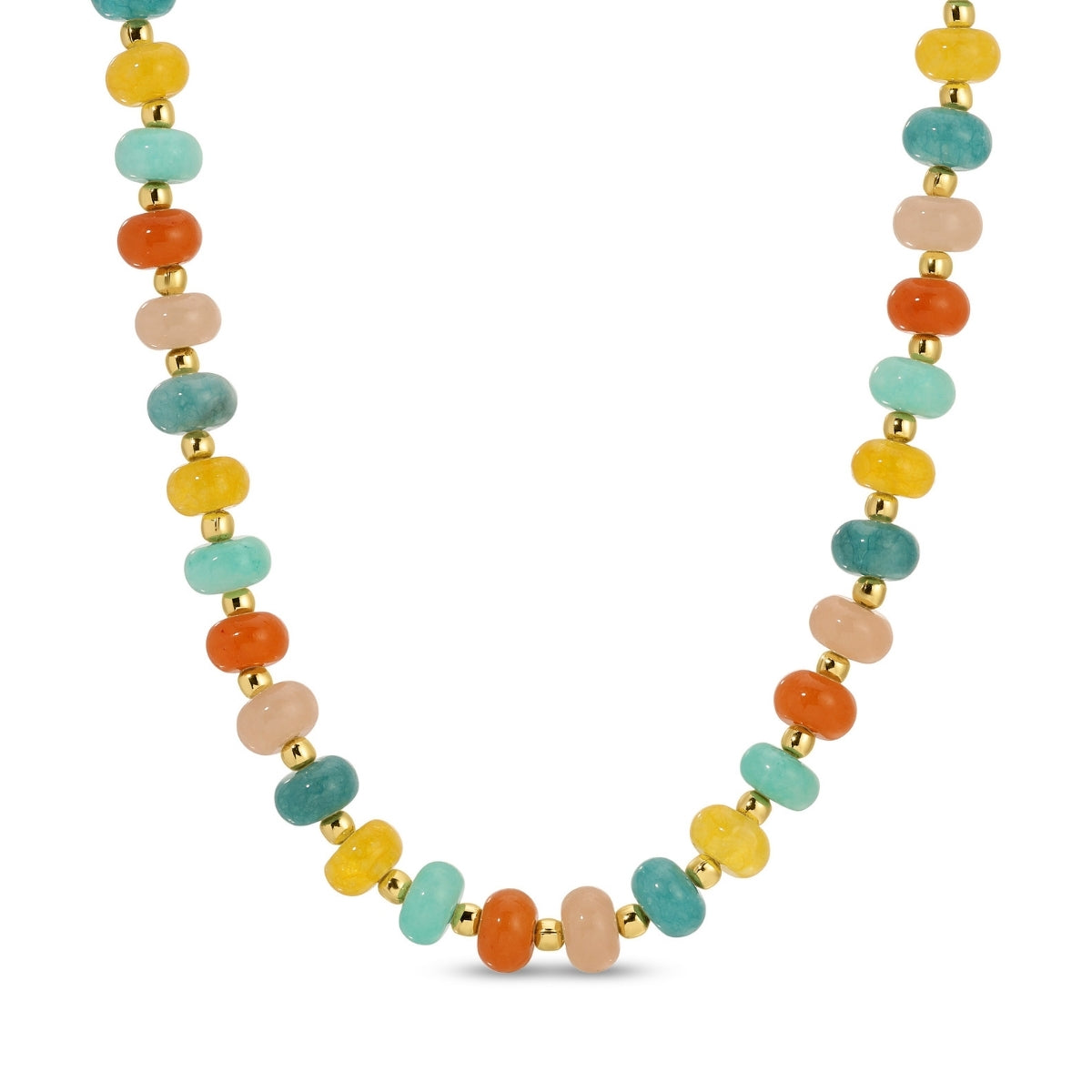 Necklace with multicolored beads and gold accents on a white background