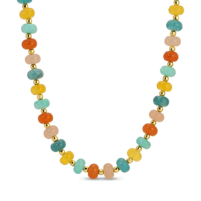 Necklace with multicolored beads and gold accents on a white background