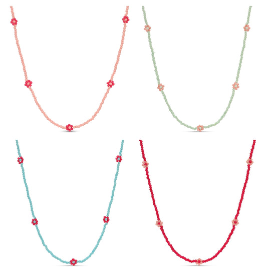 Four necklaces in different colors on a white background