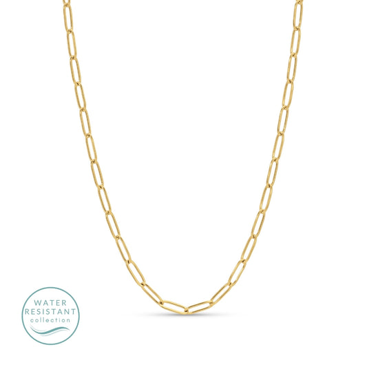 Gold chain necklace on a white background with 'Water Resistant' collection label.