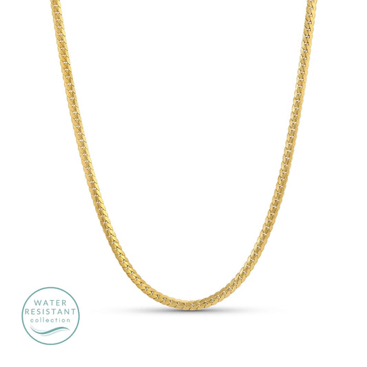 Gold chain necklace on a white background with 'Water Resistant' collection label.