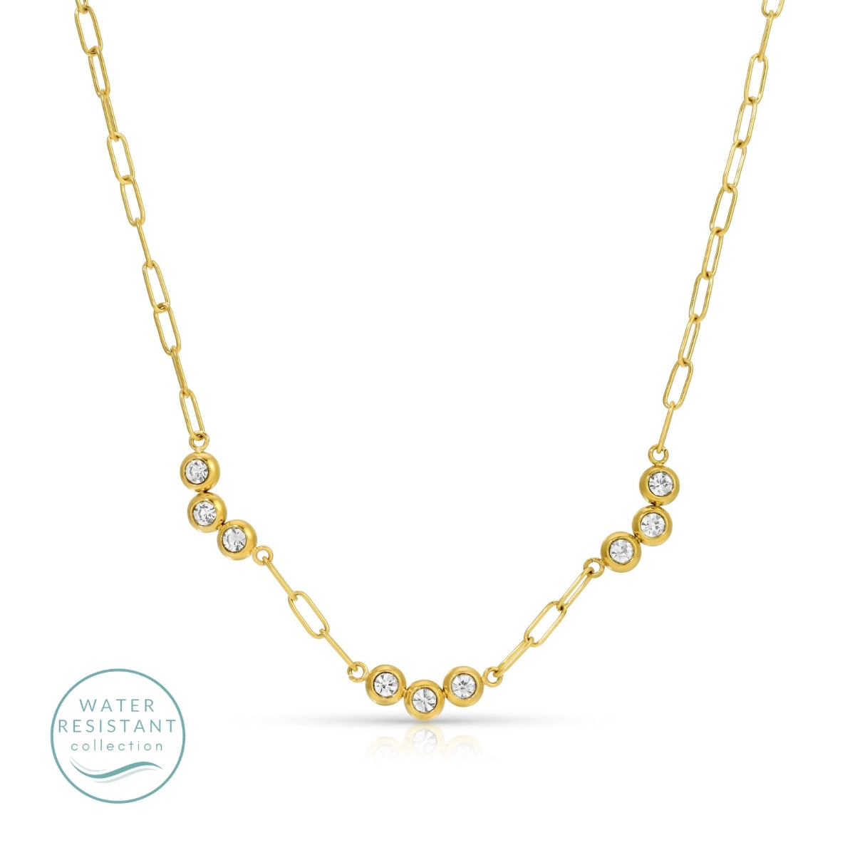 Triple CZ Clusters Paperclip Necklace, Water-Resistant