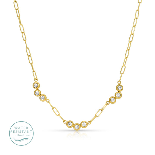 Triple CZ Clusters Paperclip Necklace, Water-Resistant