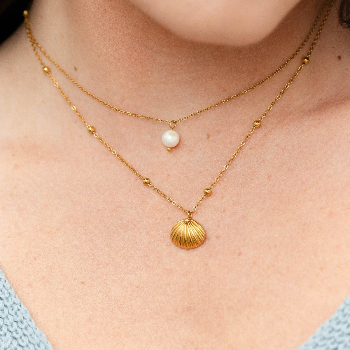 Layered Shell & Pearl Necklace, Water-Resistant