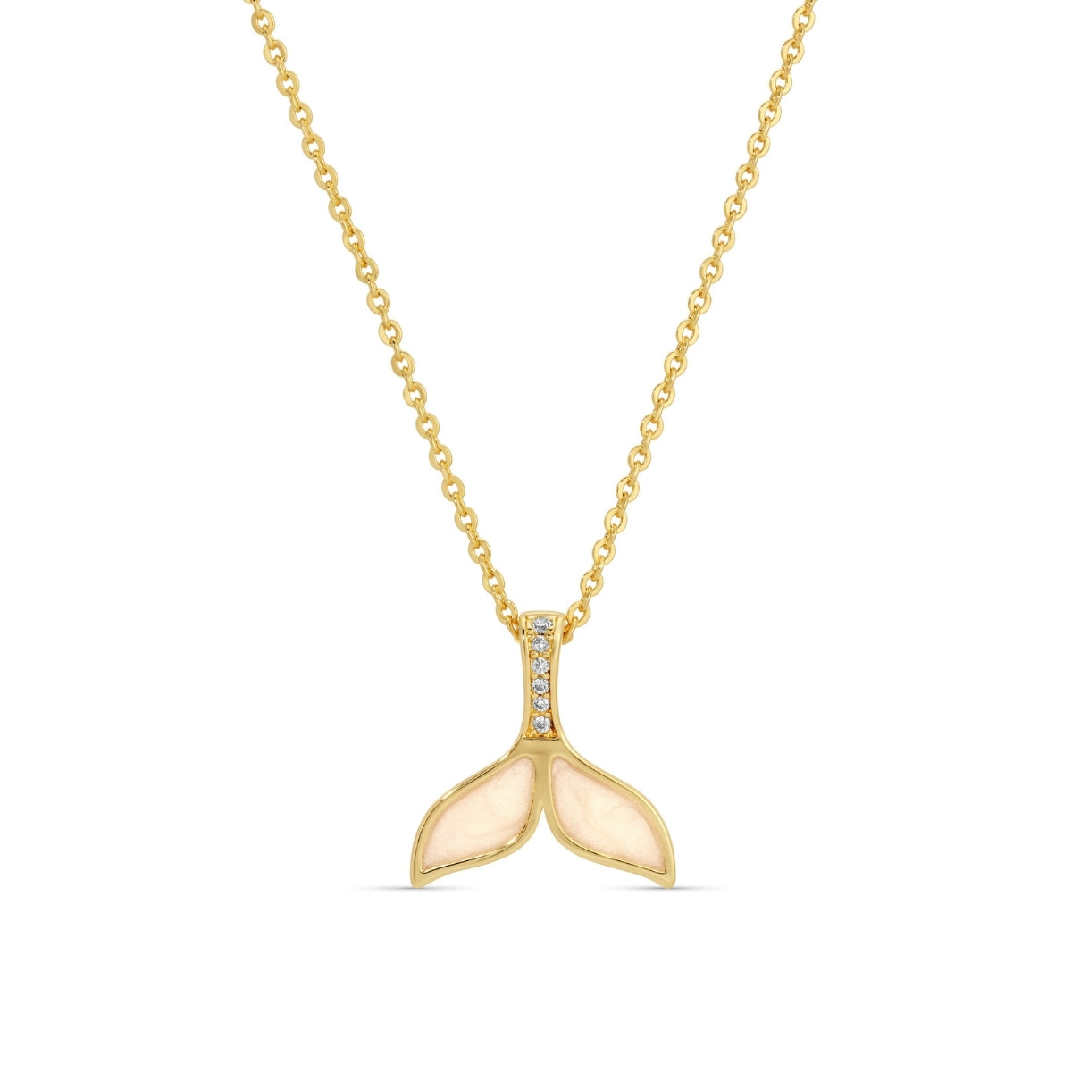 Gold necklace with a whale tail pendant on a white background
