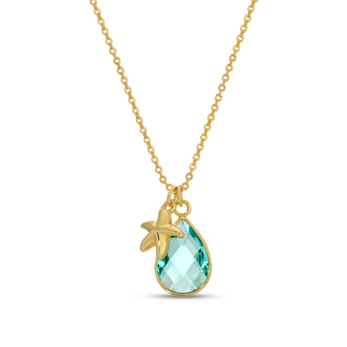 Gold necklace with a teardrop-shaped turquoise pendant on a white background